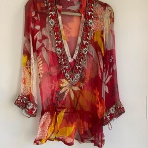 Vibrant Red and Orange Embellished Graphic Long Sleeve Silk Tunic